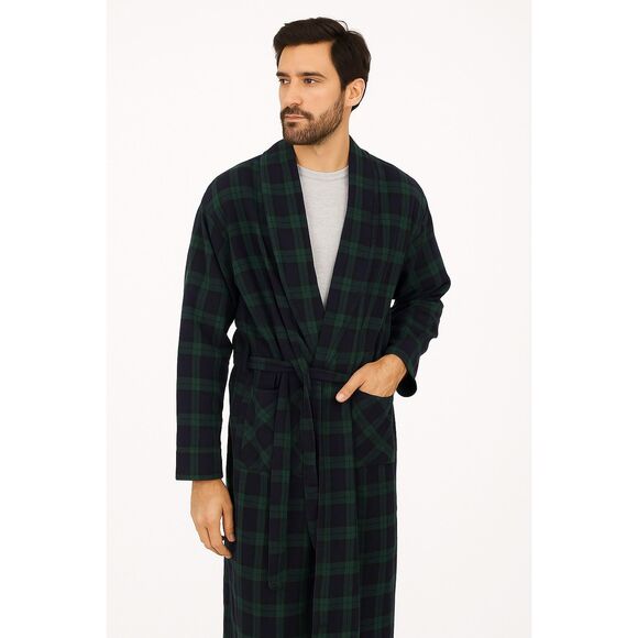 The Vermont Country Store Mens Navy Green Plaid Portuguese Flannel Wrap Robe XL - Picture 1 of 9